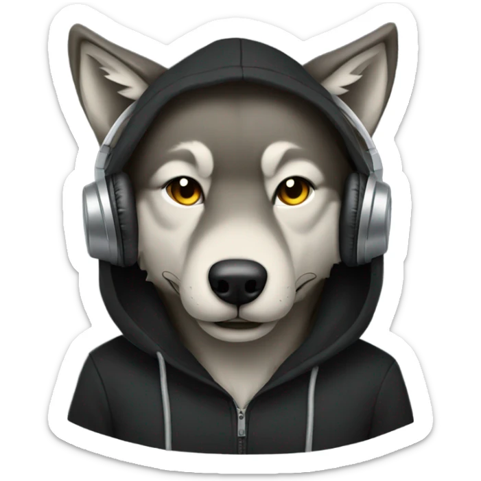 Wolf wearing a black hoodie and headphones sticker