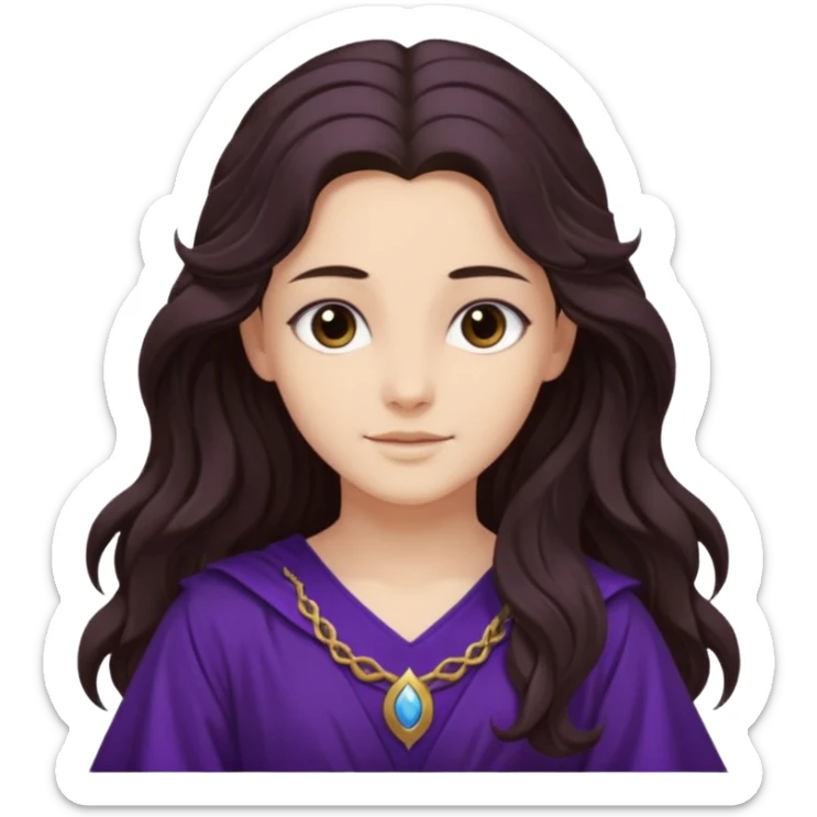 Libera from Olympus Gods with long dark brown wavy hair, deep purple tunic sticker