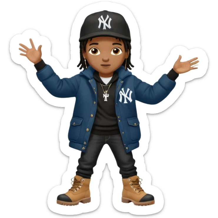 African American boy with short black dreadlocks wearing a black New York Yankees logo baseball cap wearing a black bubble winter coat wearing denim skinny jeans and timberland boots with hands pointing out sticker