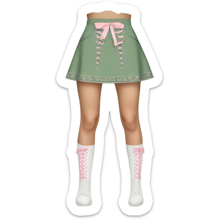 Sage green a-line mini skirt with pink lace up on the sides and bows and embroidery, isolated sticker