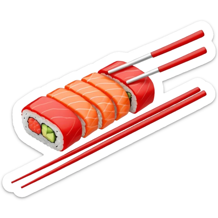 Japanese cuisine humanless avatar in minimalist emoji-style illustration. Sushi, roll and 2 chopsticks, clean lines, red white colors, flat design, calm and modern. sticker