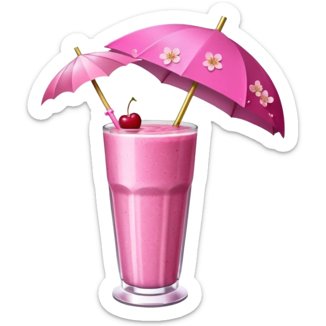 Hot pink smoothie with glitter, cherry blossom, and straw with umbrella sticker
