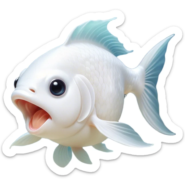 Cinematic Cute Yawning White Goldfish Portrait Emoji, Head tilted slightly with a dramatic, wide-open yawn, showcasing a smooth, pure white body with graceful, flowing fins, eyes barely open in drowsy contentment, Simplified yet irresistibly adorable features, highly detailed, glowing with a soft, cozy glow, high shine, relaxed yet expressive, stylized with a touch of whimsy, bright and endearing, soft glowing outline, capturing the essence of a sleepy yet affectionate goldfish, so drowsy it feels like it could float out of the screen and curl up for a nap! sticker