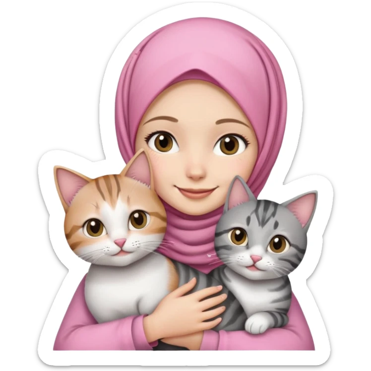 White girl wearing pink hijab with white shirt smiling while holding a black grey tabby cat sticker