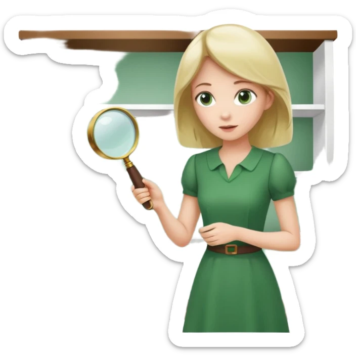 white empty shelf in perspective view with a standing woman nearby, she is looking at the shelfs with a magnifying glass, she is turned to the shelfs, woman wearing a green dress sticker