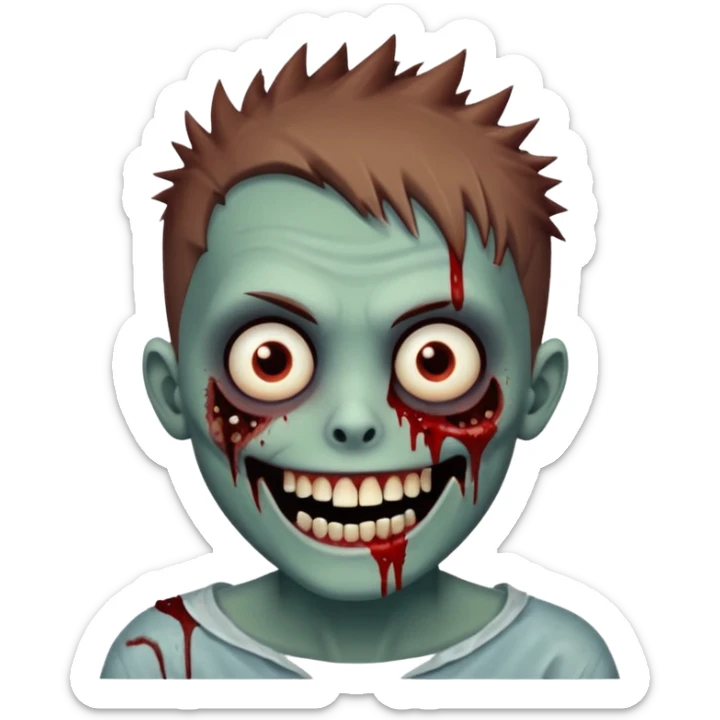 zombie boy with brown short spiky hair, white skin, and white eyes; an open smile, and bloodied teeth; sticker
