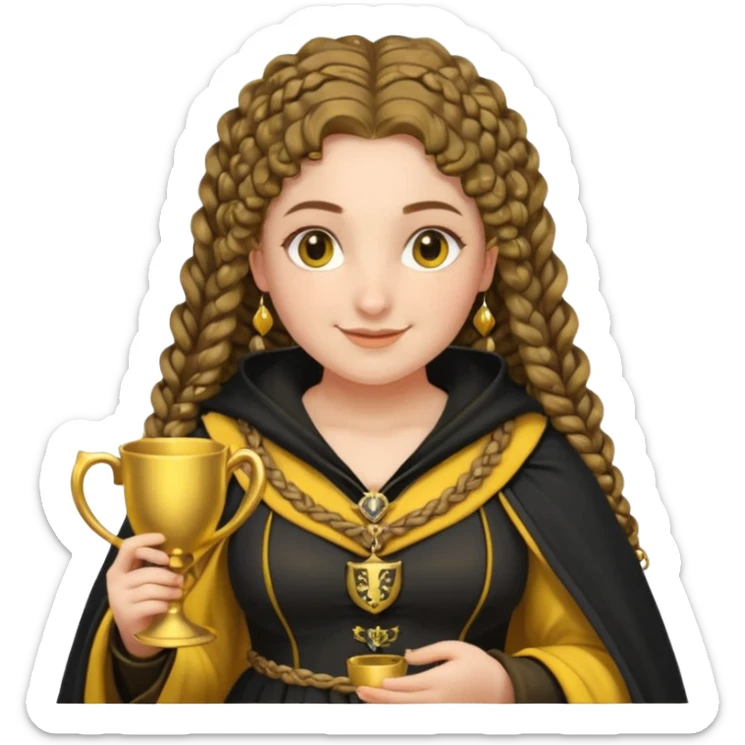 Helga Hufflepuff, 2 curly thick brown braids, yellow-black medieval dress, black cloak decorated with gold braiding, tiny two-handled shiny yellow-gold cup, very kind smile, curvy busty sweet woman, thick rosy cheeks sticker