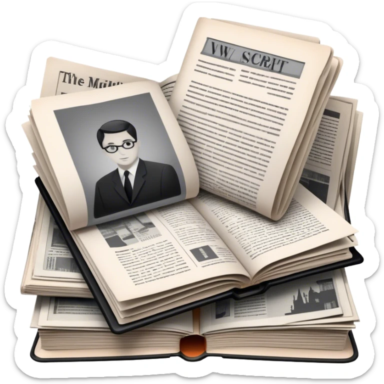 Icon for Non-Fiction & Narrative Reading: an open book with black-and-white photos on the pages, surrounded by a pile of newspaper clippings, and an open folder with top-secret documents. The icon should reflect the blend of real stories and facts in non-fiction literature. Transparent background. sticker