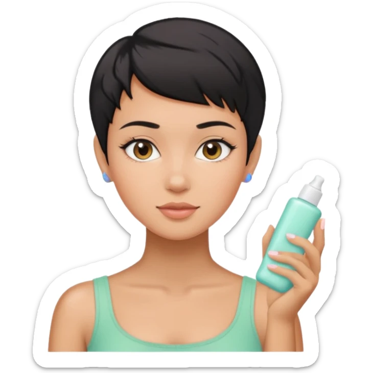 tan girl with black hair & a pixie cut no earrings doing cute pastel colors skin care sticker