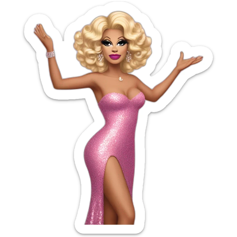 Drag queen Rupaul, curly blonde hair styled swept to the right. Full body, pink sequin dress, posed standing with left hand on hip, right hand raised in the air. Iconic, legendary, victorious sticker