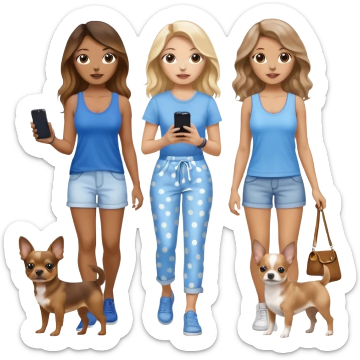 Three women in summer clothes holding iPhone, hazel eyed light skin with dark blonde long hair and light skin Brown eyed brown long wavy hair, blue eyed light skin long blonde hair walking 2 different dogs that are blue spotted Merle Frenchie, black and tan chihuahua  sticker
