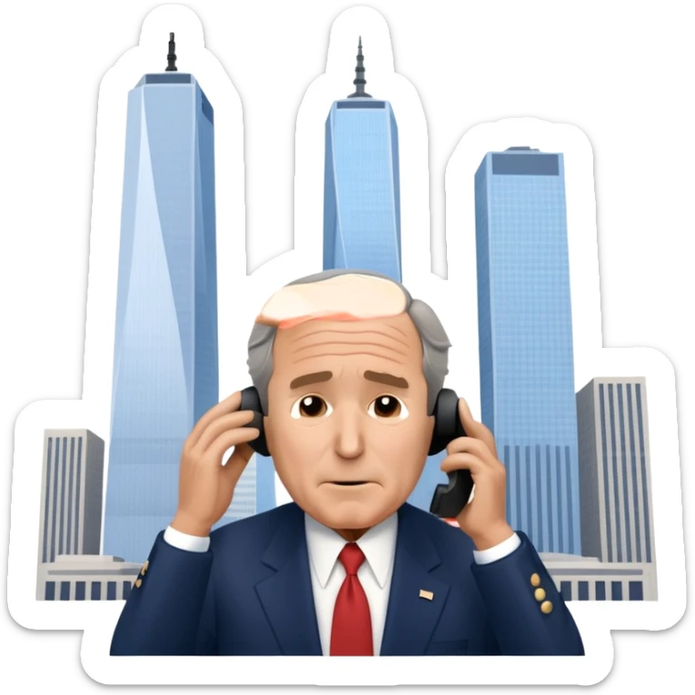  emoji of the world trade center with a plane crashed into it and george bush on a phone in front of them sticker