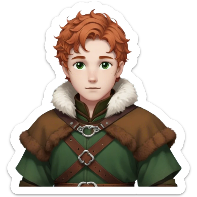 Medieval winter outfit worn by a DnD themed fantasy male character. Thick rustic brown wool tunic with arctic fox fur trim, adorned with hammered copper clasps and a heavy woven leather belt. Clothes only above the waist, full waist coverage. The character has no arms. Character is white-skinned with cinnamon colored hair, deep green eyes, and short curly hair dusted with winter frost. sticker