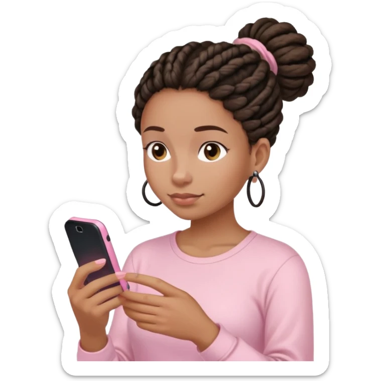 Dark brown woman wearing a light pink shirt and dreadlocks in bun texting on a Light pink phone sticker