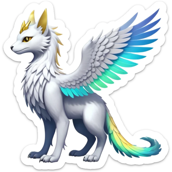 White Iridescent Colorful Exotic White, Gold, Yellow, Silver, Beaked Feathery Nocturnal Neon-glowing Abyssal Lightly Heaven-Cat-Gryphon-Suicune-Nargacuga-Silvally-Vernid-Sergal-Fakémon-Hybrid-Creature (full body) sticker