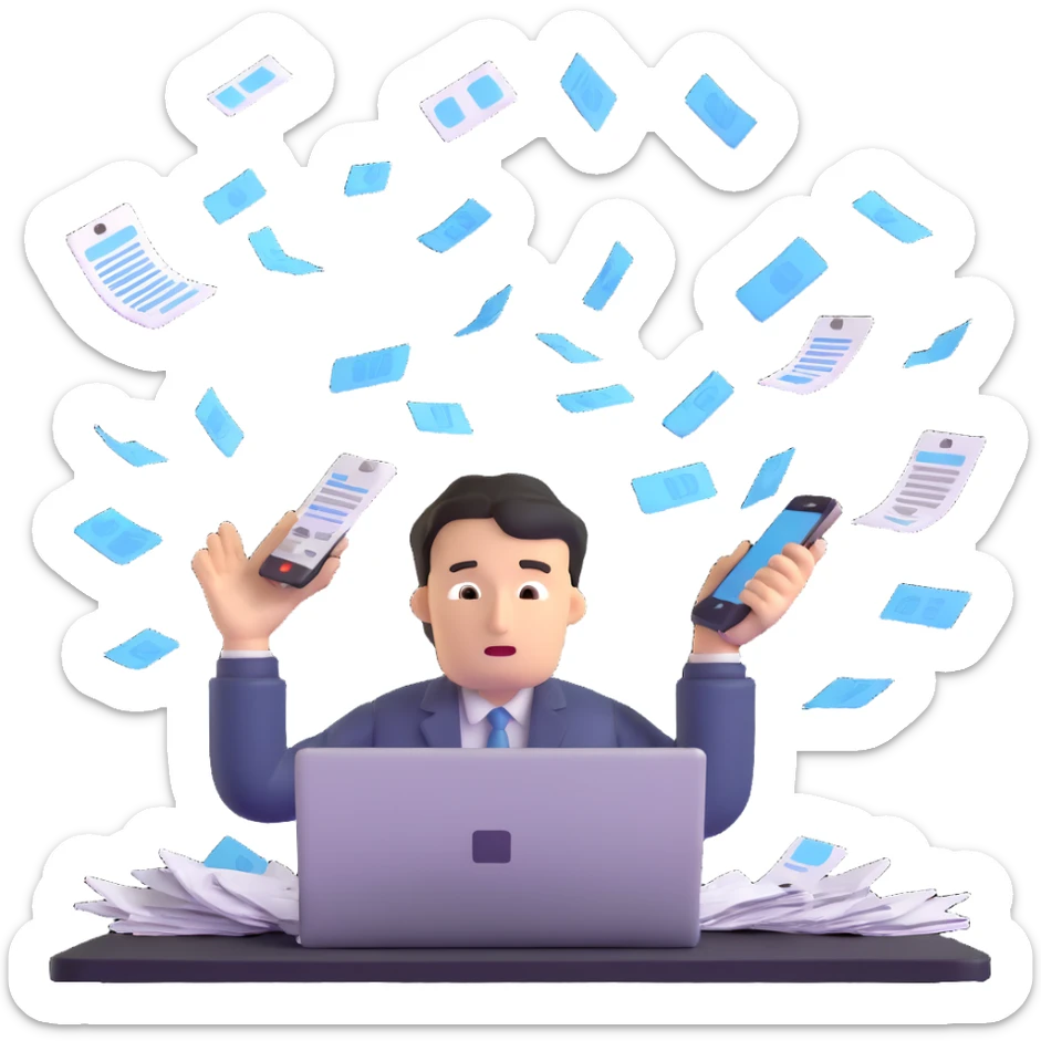 person holding a phone in one hand, laptop open in front, storm of receipts, invoices, and reminders swirling around, multitasking chaos sticker