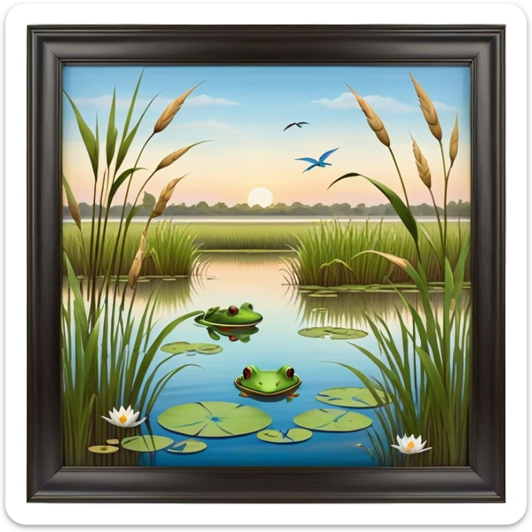Cinematic Realistic Wetlands Emoji in a wooden frame, Peaceful and serene, with tall grasses swaying in the breeze and soft, muddy waters reflecting the sky above. Small birds and insects flit among the reeds while lily pads float lazily across the surface, punctuated by the occasional croak of a frog or splash of a fish. Soft glowing outline, capturing the essence of a calm, tranquil wetland brimming with life and natural beauty. sticker