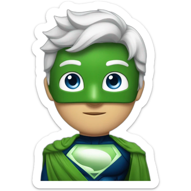 chico con antifaz de superheroe, traje azul marino haciendo la seña del corazón coreanoy los ojos del antifaz color verde y no se le ven los ojos sticker