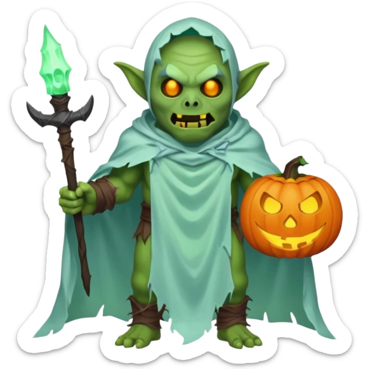 male orc ghost emoji, green skin, tusks, wearing torn white ghost sheet costume, holding glowing jack-o'-lantern, faint blue aura, friendly but spooky expression, Halloween fantasy theme, Apple emoji style, clean white background, square sticker