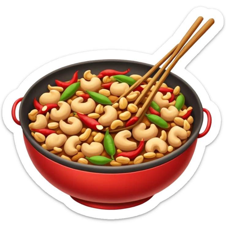 Kung Pao Chicken with peanuts and dried chilies in wok, simplified emoji style with bold outlines and bright colors, cartoon style Gongbao Jiding classic stir-fry sticker