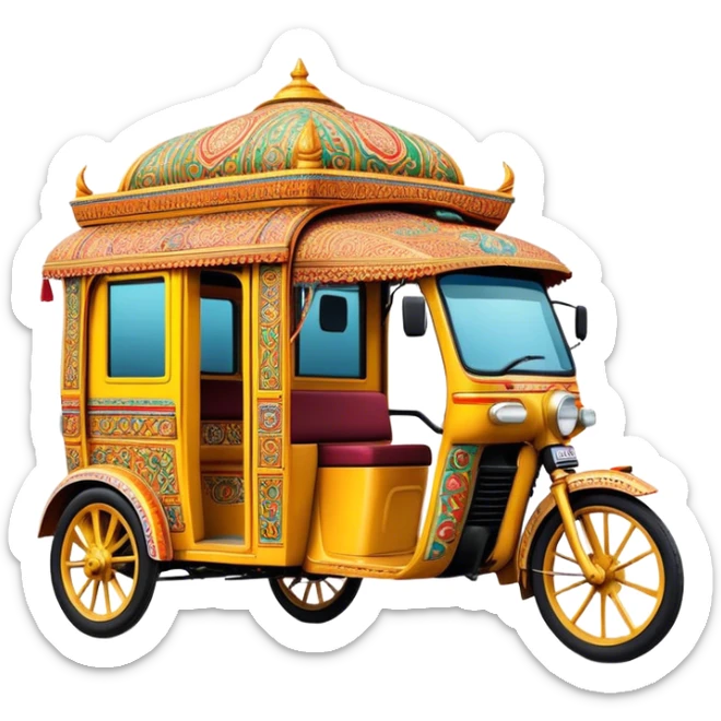 Cinematic Realistic Indian Auto Rickshaw Emoji, depicted as a colorful, bustling auto rickshaw with intricate designs and vibrant hues, rendered with lively textures and dynamic urban lighting that captures its quintessential presence in Indian cities. sticker