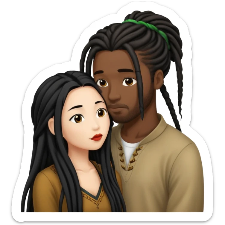 Asian Woman with long hair kissing a black guy with dreads sticker