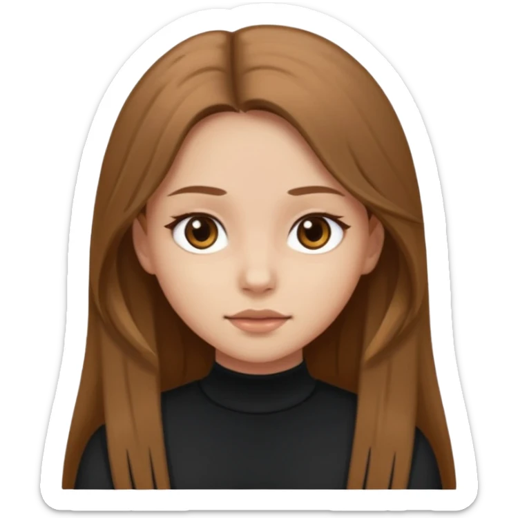 Create a girl with light brown long hair and brown eyes with soft face features wearing black clothes sticker