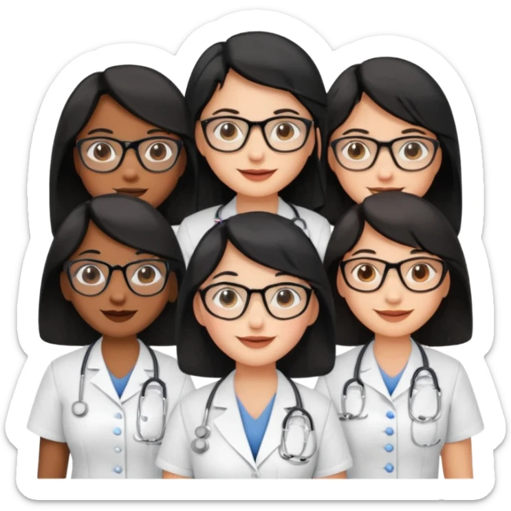 Genera un emogis con cuatro enfermeras pelinegra juntas, entre ellas una con lentes y otra con lunar encima del labio sticker