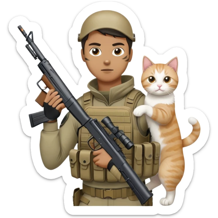 Man in tactical airsoft gear holding a gun in one hand and a white and brown cat in the other hand sticker