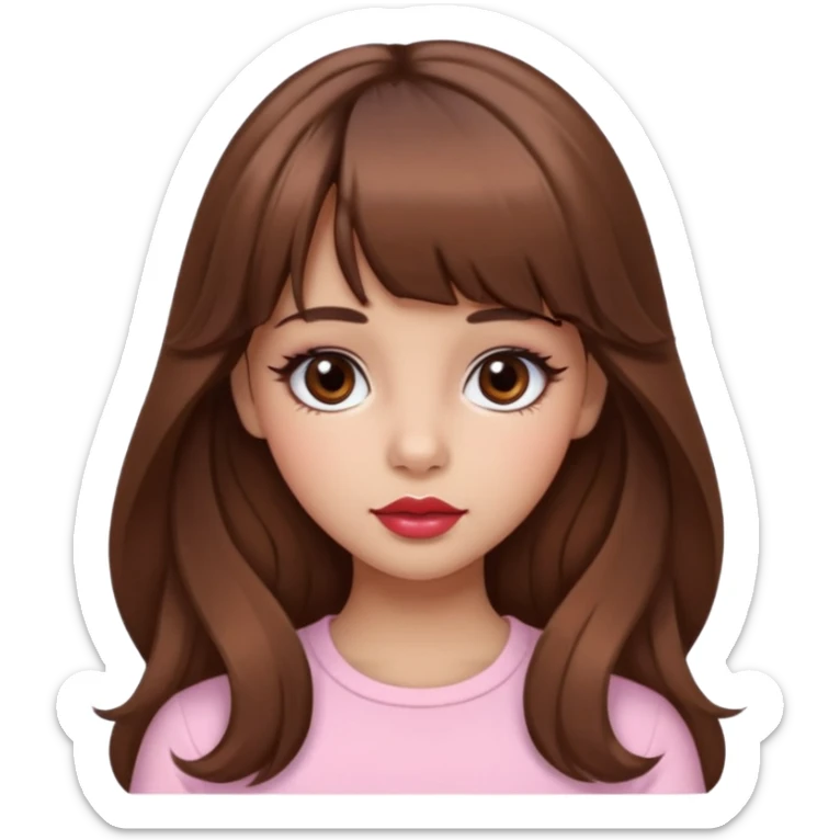 A girly girl with medium skin, soft pinkish cheeks, large bambi dark hazel eyes with long eyelashes, long wavy brown hair with full soft bangs, medium straight nose with a soft tip, medium natural red lips,very feminine and pretty features, sticker