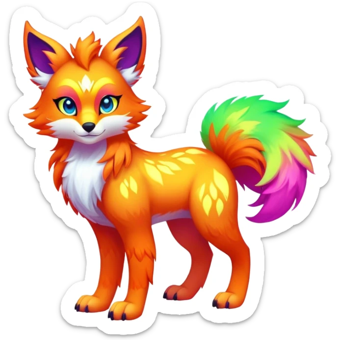 Vibrant multicolored neon-colored Falvie-Fionbri-creature-sparkle-hybrid-fursona, full body, fur pattern-markings sticker