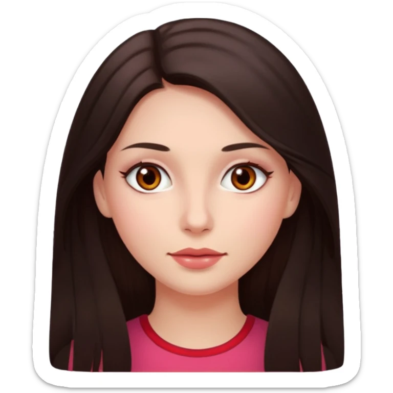 An emoji featuring a woman with dark brown long hair, brown eyes, light pinkish skin, red cheeks sticker