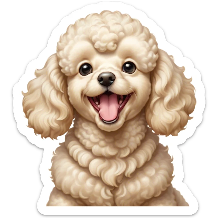 Cinematic Cute Yawning Cream Poodle Portrait Emoji, Head tilted slightly with a dramatic, wide-open yawn, displaying a soft, curly cream Fur with delicate texture, floppy ears slightly drooping, round warm eyes barely open in drowsy contentment, Simplified yet irresistibly adorable features, highly detailed, glowing with a soft, cozy glow, high shine, relaxed yet expressive, stylized with a touch of whimsy, bright and endearing, soft glowing outline, capturing the essence of a sleepy yet affectionate companion, so drowsy it feels like it could stretch right out of the screen and curl up for a nap! sticker
