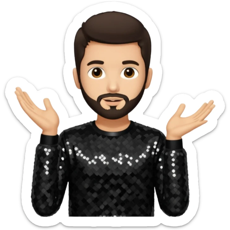 Frankie Zulferino, Pop Singer (b.1990) with dark brown hair and short beard, black sequin outfit, light tan skin sticker