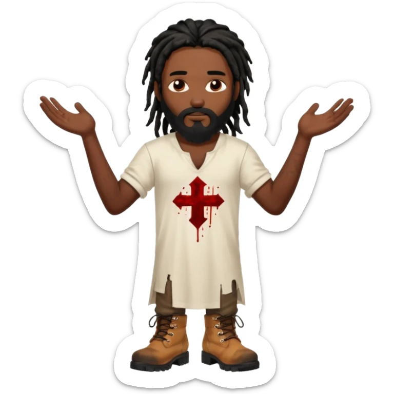 African American man with shoulder length black dreadlocks with black beard wearing a white tunic with blood on it wearing timberland boots with arms folded together sticker