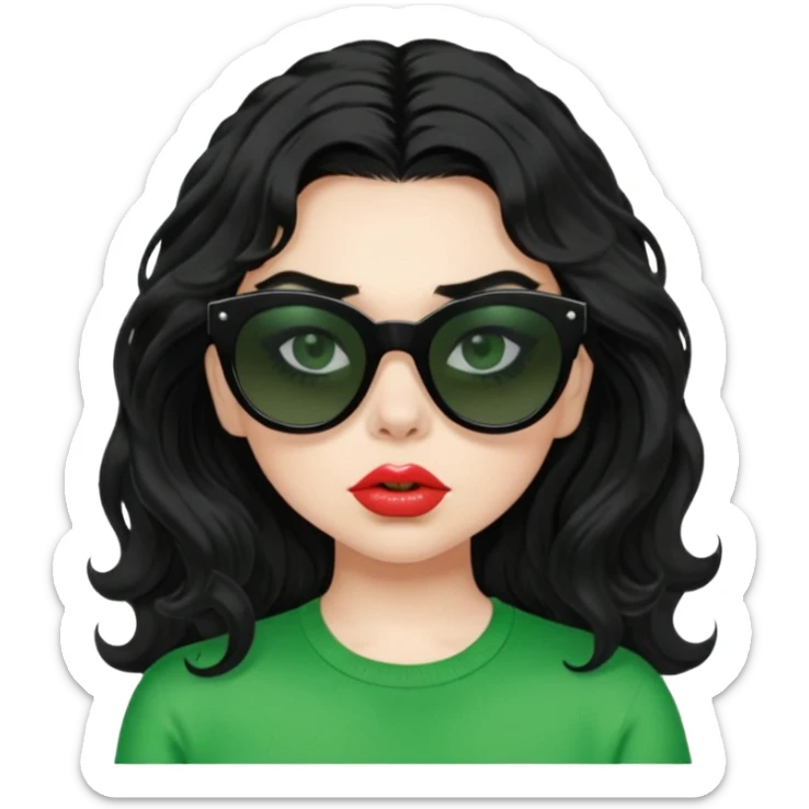 current charli xcx with her long black wavy hair, thick black out sunglasses, pale skin, closed pouting lips, and a bright green top that said brat in the brat font. sticker