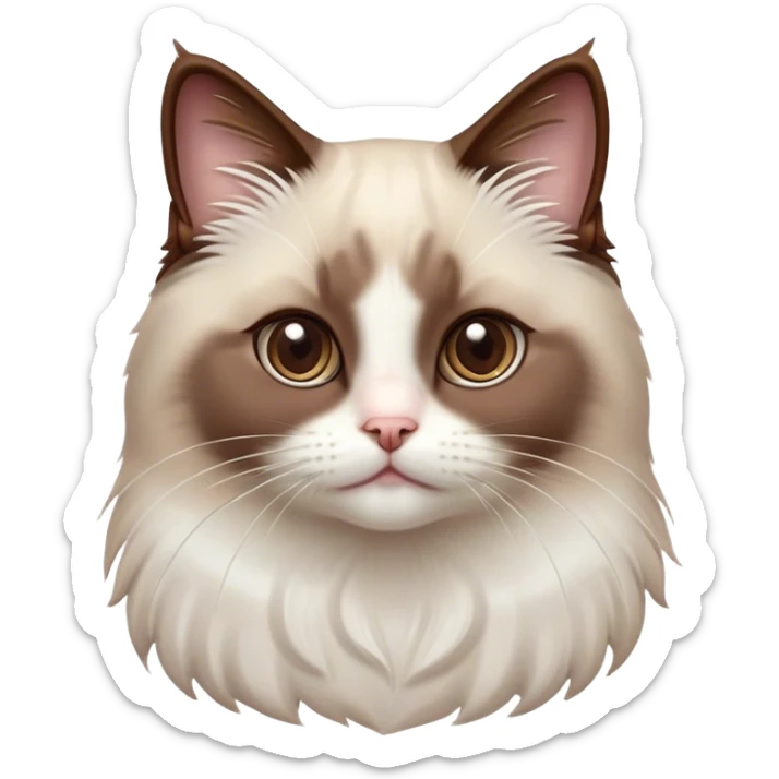 Cinematic Adorable Chocolate-Point Ragdoll Cat Portrait Emoji, Head tilted cutely with big, sparkling eyes, sleek brown and white tones with a sweet white nose, Simplified yet irresistibly adorable features, highly detailed, glowing with a soft, warm glow, high shine, affectionate and playful, stylized with a touch of whimsy, bright and endearing, soft glowing outline, capturing the essence of a curious and loving kitten, so cute it feels like it could leap out of the screen and snuggle up for a cuddle! sticker