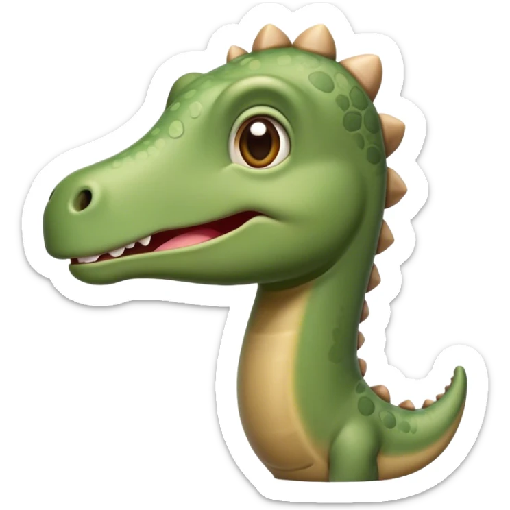 Cinematic Cute Brontosaurus Portrait Emoji, Head tilted playfully with a gentle smile, featuring a charming, massive form with an elongated neck and a small, endearing head adorned with bright, curious eyes, Simplified yet irresistibly adorable features, highly detailed, glowing with a warm, inviting prehistoric glow, high shine, affectionate and lively, stylized with a touch of whimsical ancient charm, soft glowing outline, capturing the essence of a playful Brontosaurus that seems as if it could amble out of the screen into your arms! sticker