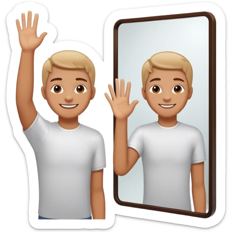 A person standing in front of a mirror, smiling slightly as they raise their hand for a self high-five. Their reflection looks back, showing a small but noticeable shift—from hesitation to self-acceptance. sticker