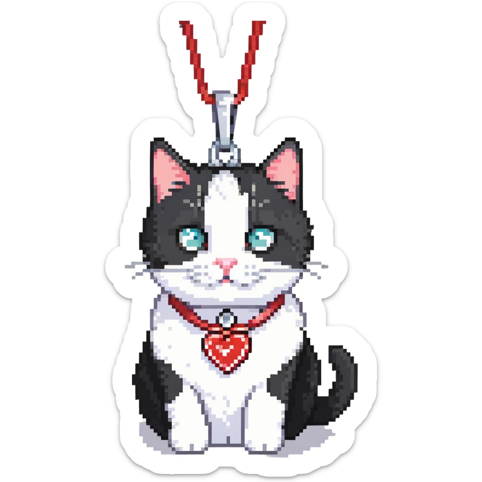 tuxedo cat with red leash and heart pendant, white fur only on mouth, small diamond spot above nose sticker