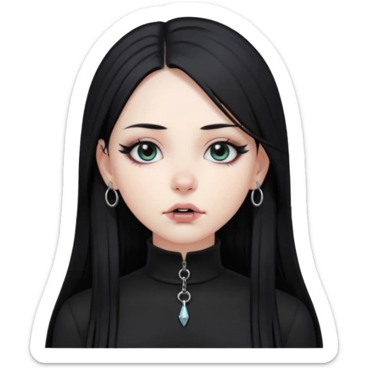 goth girl, straight long black hair, vertical labret lip piercing, black mock neck shirt sticker