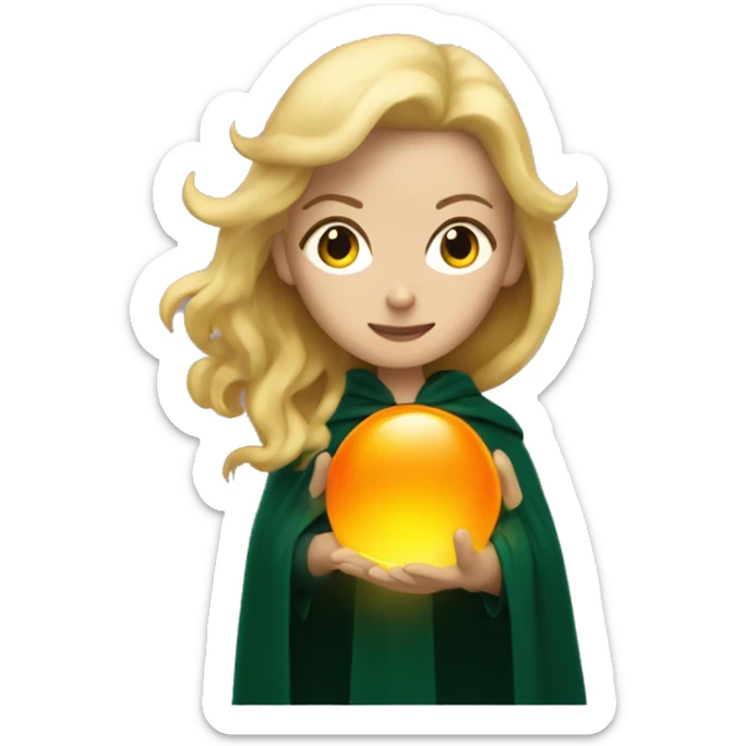 Blonde woman in dark green cloak holding an orange glowing orb sticker