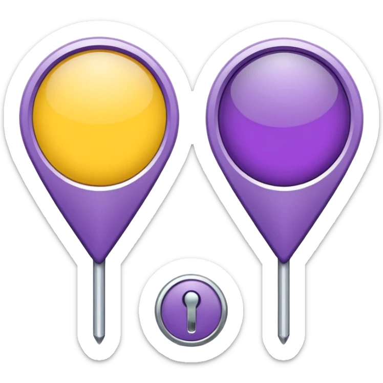 simple, minimalistic yellow (hex#FFD008) and purple (hex#8C52FF) icons of a pin location (round top and sharp bottom) sticker