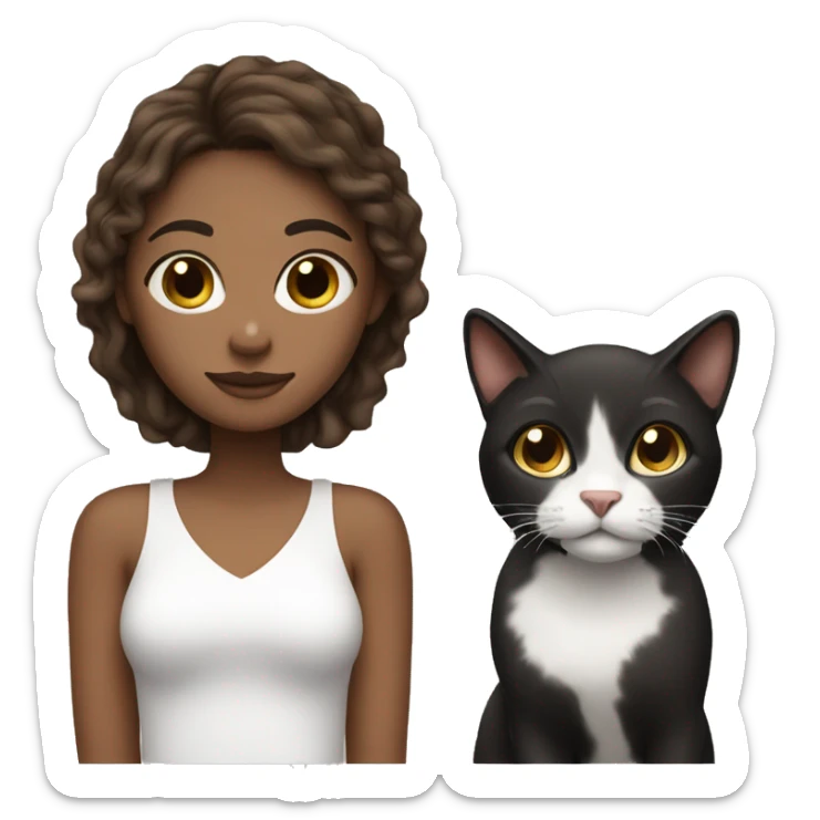 brown hair girl with 2 cats, one completely black and the other one fully white  sticker