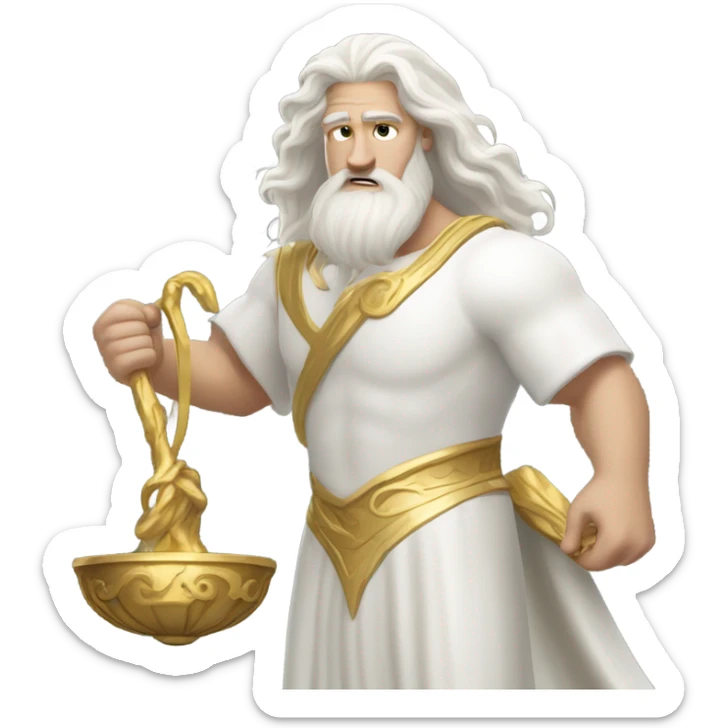 white man Poseidon lift gold weight . long white hair white dress. sticker