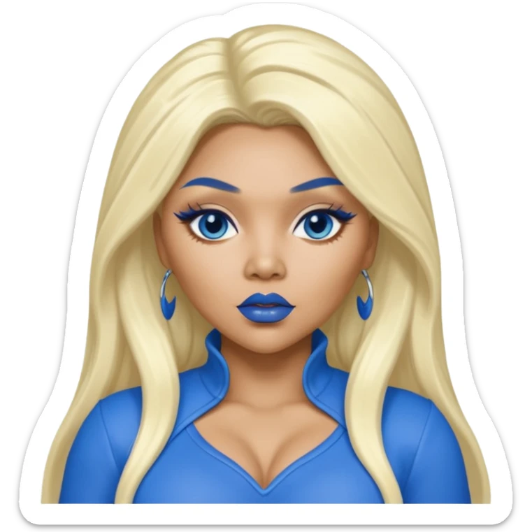 Lil Kim with long platinum blonde hair, blue lip and outfit sticker