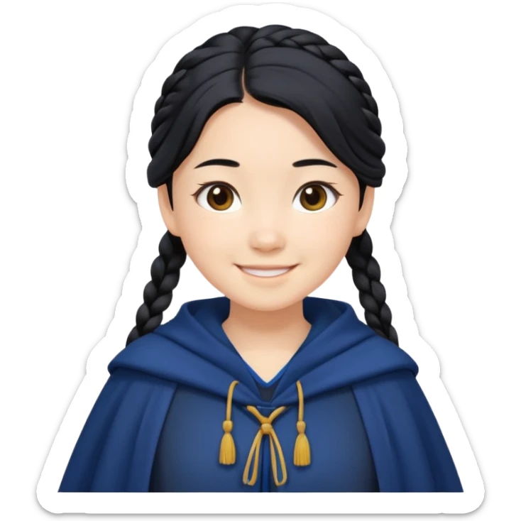 braid black hair, white asian girl, dark blue cloak, happy smaile sticker