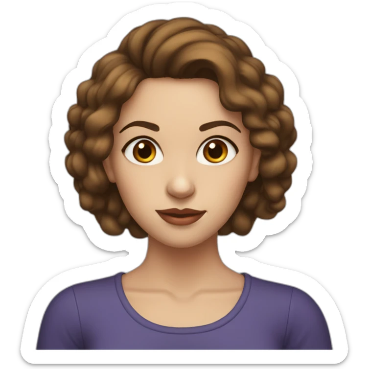 young woman with brown hair, blue almond-shaped eyes, thin eyebrows and earring sticker