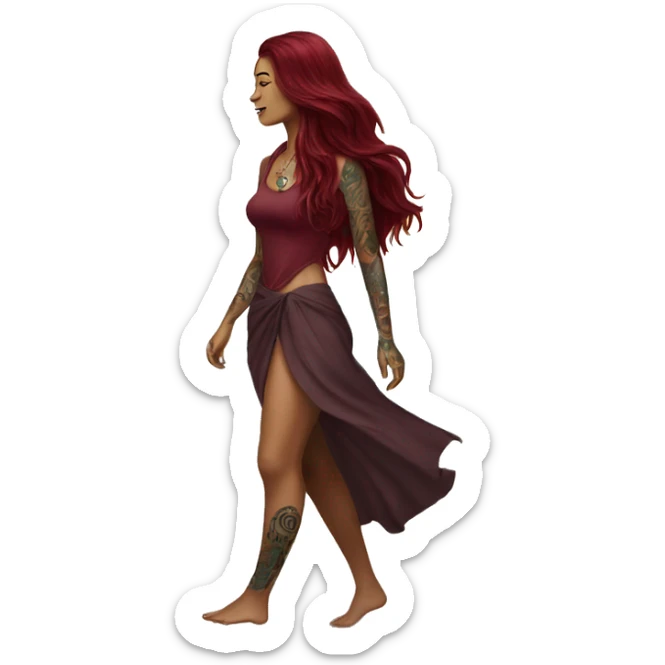 Beautiful tattooed  burgundy long haired woman walking on the beach sticker