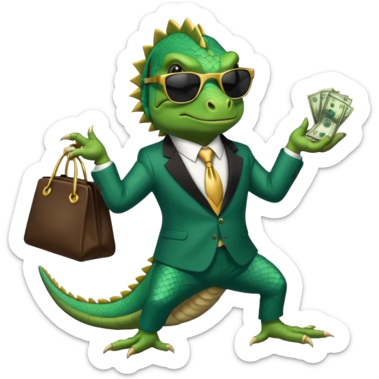 capitalist iguana banker godfather with black sunglasses breakdance with bag sticker